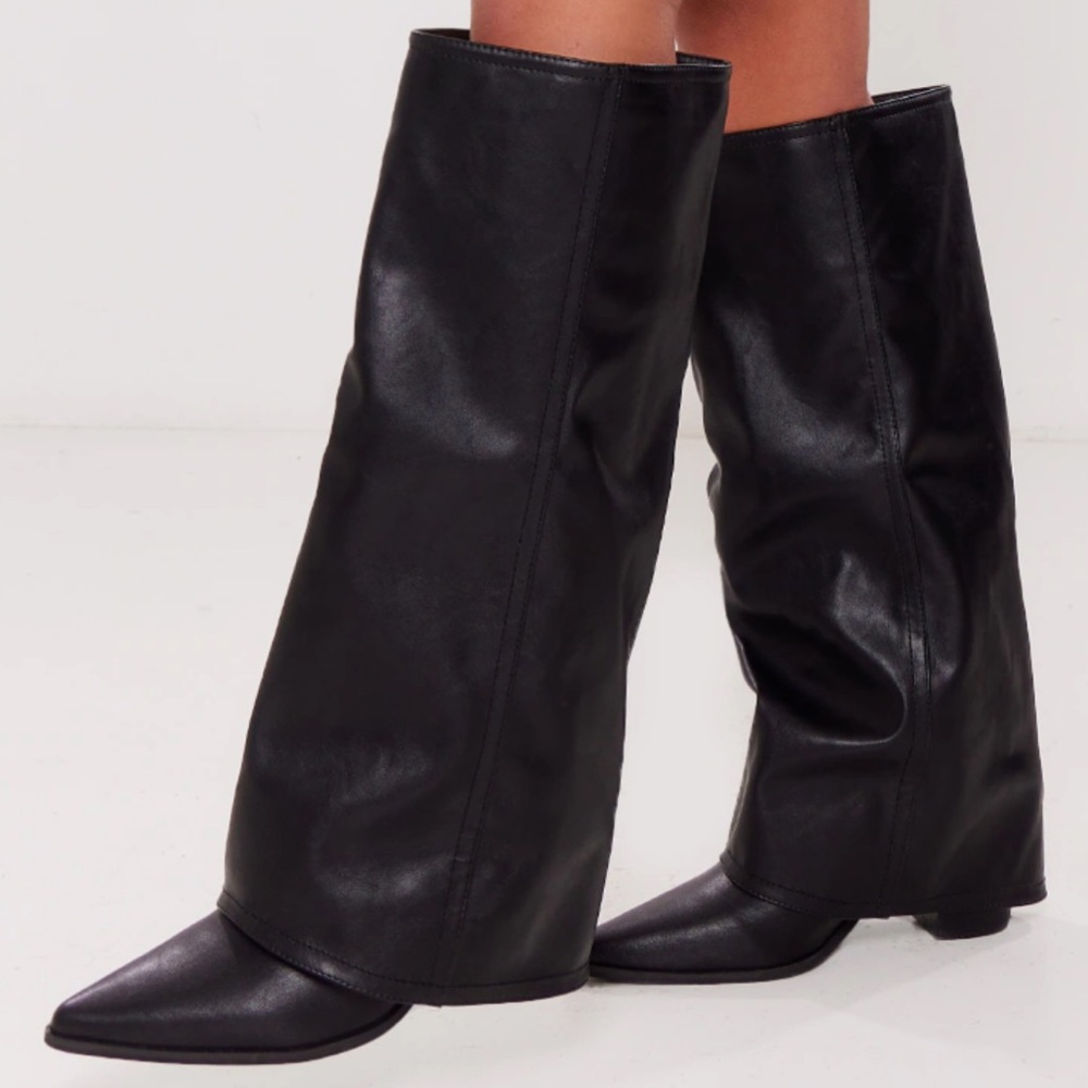 Black Wide Fit Fold Over Knee High Block Heeled Western Boots Size 8